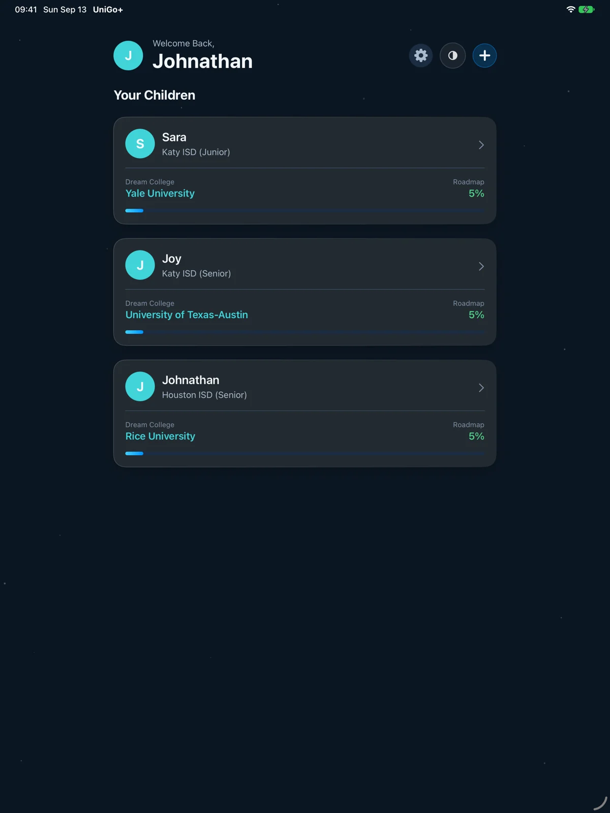The parent dashboard on iPad listing three students with their dream colleges and roadmap progress
